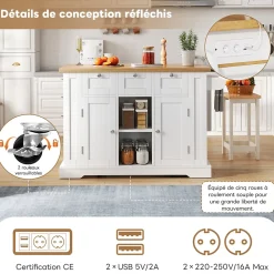 Îlot de Cuisine Mobile avec Table Pliante et Prise Intégrée, desserte avec Tiroir et Étagères - Blanc - 132x40-70x87 cm