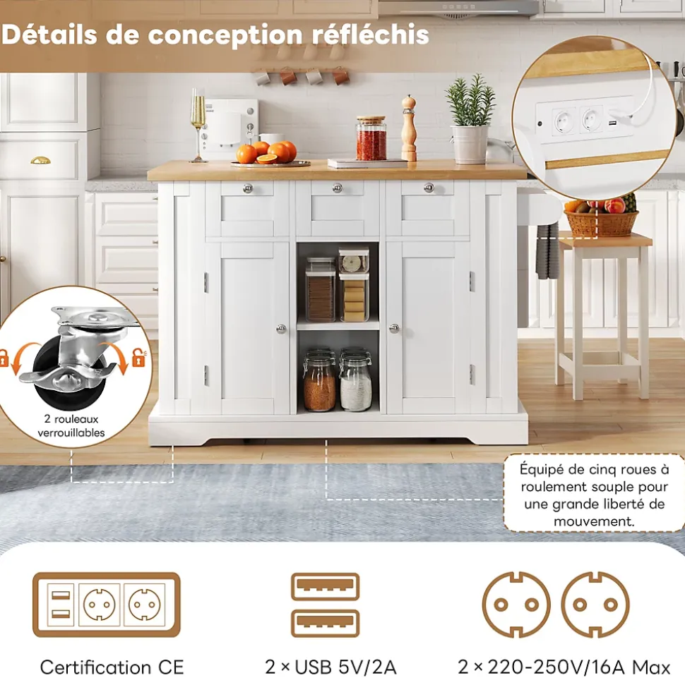 Îlot de Cuisine Mobile avec Table Pliante et Prise Intégrée, desserte avec Tiroir et Étagères - Blanc - 132x40-70x87 cm
