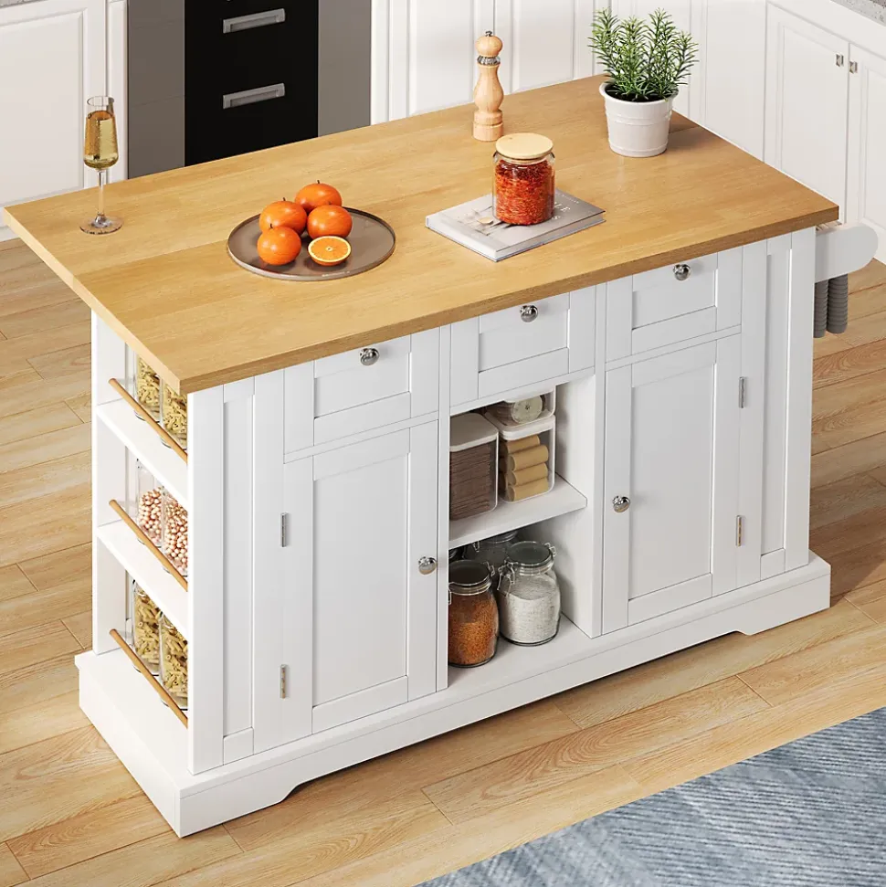 Îlot de Cuisine Mobile avec Table Pliante et Prise Intégrée, desserte avec Tiroir et Étagères - Blanc - 132x40-70x87 cm