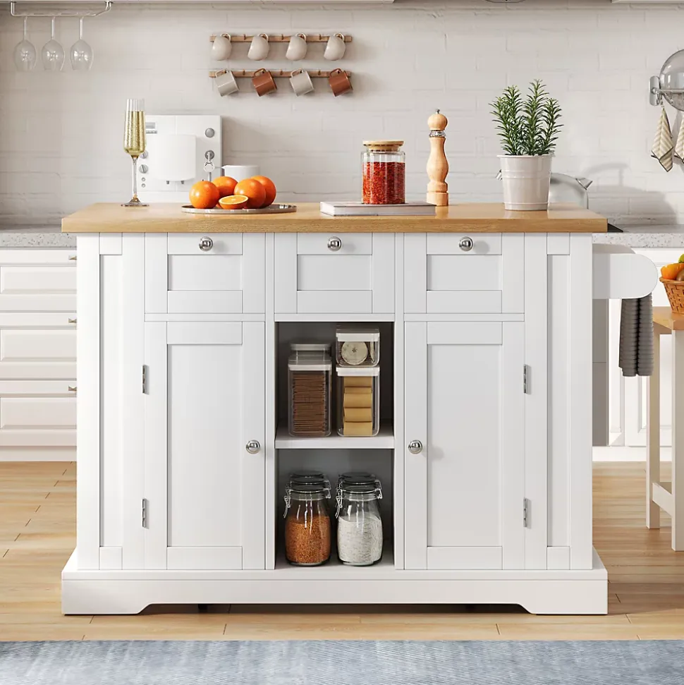 Îlot de Cuisine Mobile avec Table Pliante et Prise Intégrée, desserte avec Tiroir et Étagères - Blanc - 132x40-70x87 cm