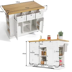 Îlot de Cuisine Mobile avec Table Pliante et Prise Intégrée, desserte avec Tiroir et Étagères - Blanc - 132x40-70x87 cm