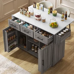 Îlot de Cuisine Mobile avec Plan de Travail Rabattable, 3 Tiroirs, 4 Compartiments de Rangement, Gris, 120x71x91,5 cm