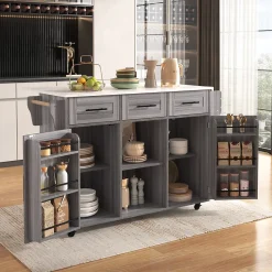 Îlot de Cuisine Mobile avec Plan de Travail Rabattable, 3 Tiroirs, 4 Compartiments de Rangement, Gris, 120x71x91,5 cm