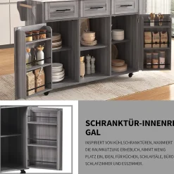 Îlot de Cuisine Mobile avec Plan de Travail Rabattable, 3 Tiroirs, 4 Compartiments de Rangement, Gris, 120x71x91,5 cm