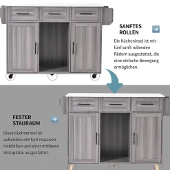Îlot de Cuisine Mobile avec Plan de Travail Rabattable, 3 Tiroirs, 4 Compartiments de Rangement, Gris, 120x71x91,5 cm