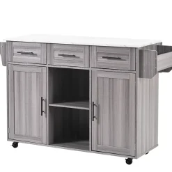 Îlot de Cuisine Mobile avec Plan de Travail Rabattable, 3 Tiroirs, 4 Compartiments de Rangement, Gris, 120x71x91,5 cm