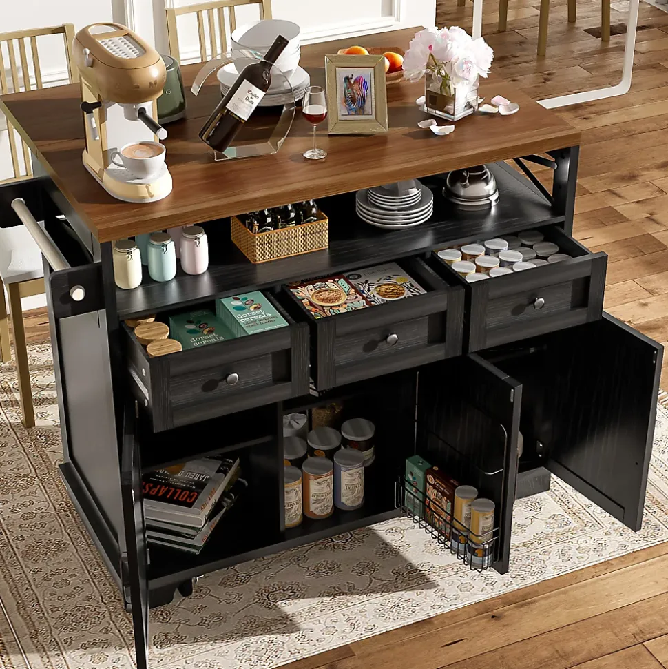 Îlot de Cuisine Mobile avec Plan de Travail et Séparateurs Amovibles - MDF et Métal - Noir - 118x43-80x98 cm