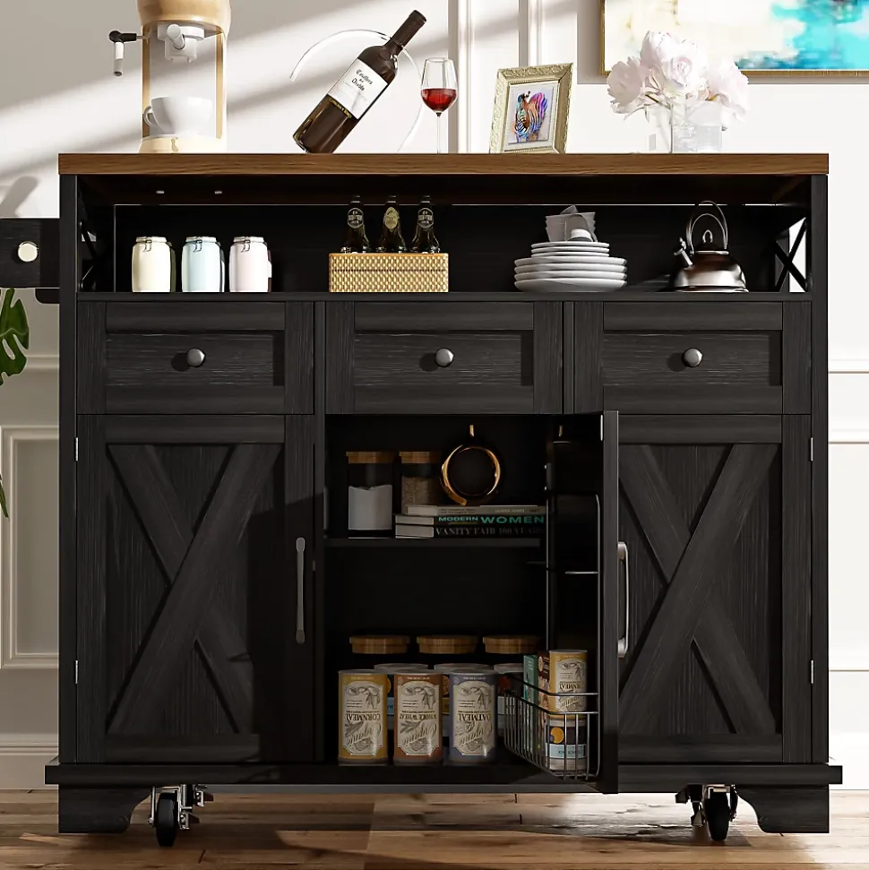 Îlot de Cuisine Mobile avec Plan de Travail et Séparateurs Amovibles - MDF et Métal - Noir - 118x43-80x98 cm