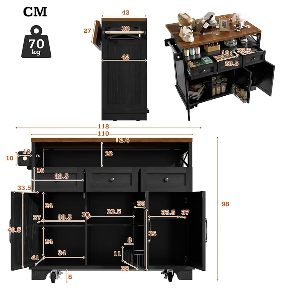 Îlot de Cuisine Mobile avec Plan de Travail et Séparateurs Amovibles - MDF et Métal - Noir - 118x43-80x98 cm