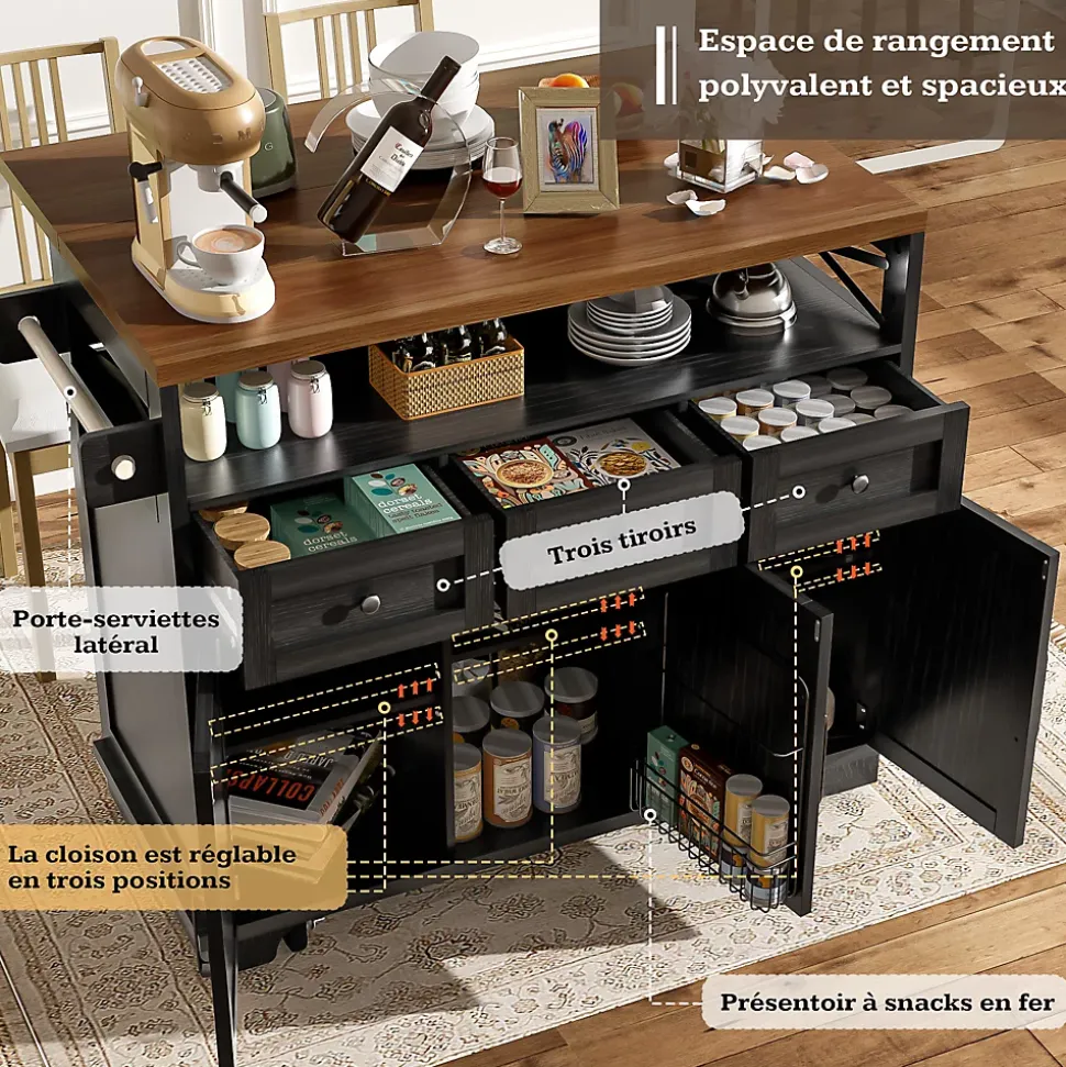 Îlot de Cuisine Mobile avec Plan de Travail et Séparateurs Amovibles - MDF et Métal - Noir - 118x43-80x98 cm