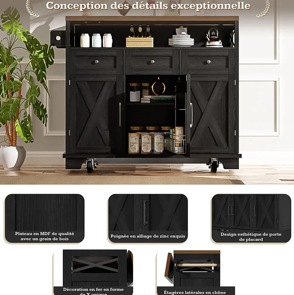 Îlot de Cuisine Mobile avec Plan de Travail et Séparateurs Amovibles - MDF et Métal - Noir - 118x43-80x98 cm