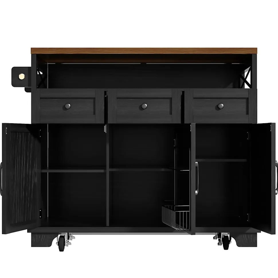 Îlot de Cuisine Mobile avec Plan de Travail et Séparateurs Amovibles - MDF et Métal - Noir - 118x43-80x98 cm