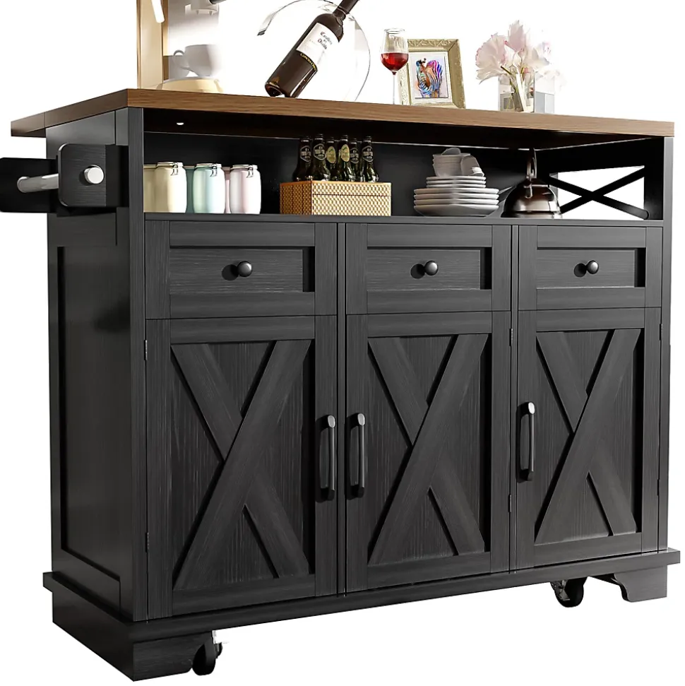 Îlot de Cuisine Mobile avec Plan de Travail et Séparateurs Amovibles - MDF et Métal - Noir - 118x43-80x98 cm