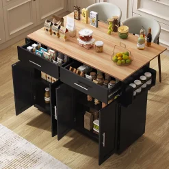 Îlot de Cuisine Mobile avec Plan de Travail Rabattable, 2 Tiroirs, Étagère, Pieds en Bois Interchangeables, Noir, 120x46-70x91 cm