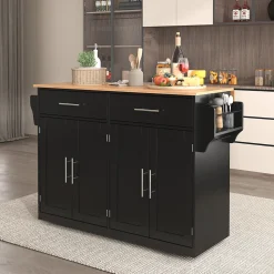 Îlot de Cuisine Mobile avec Plan de Travail Rabattable, 2 Tiroirs, Étagère, Pieds en Bois Interchangeables, Noir, 120x46-70x91 cm