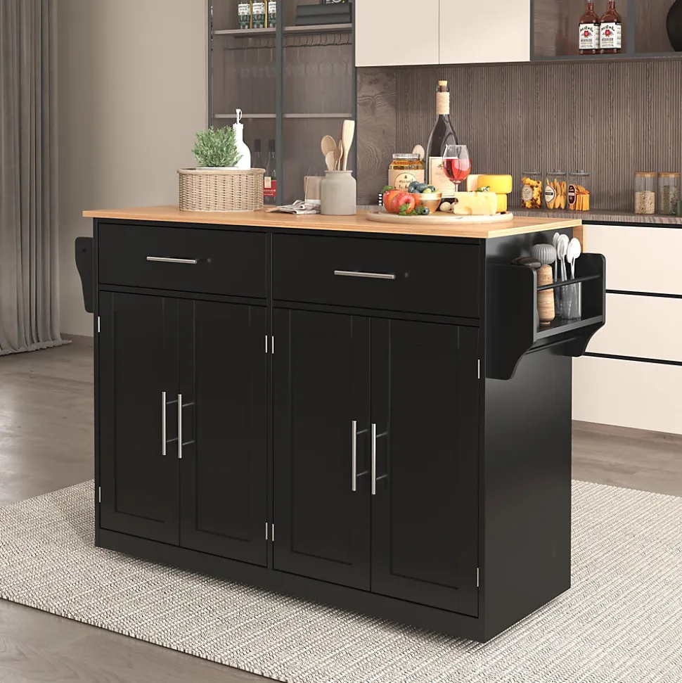 Îlot de Cuisine Mobile avec Plan de Travail Rabattable, 2 Tiroirs, Étagère, Pieds en Bois Interchangeables, Noir, 120x46-70x91 cm