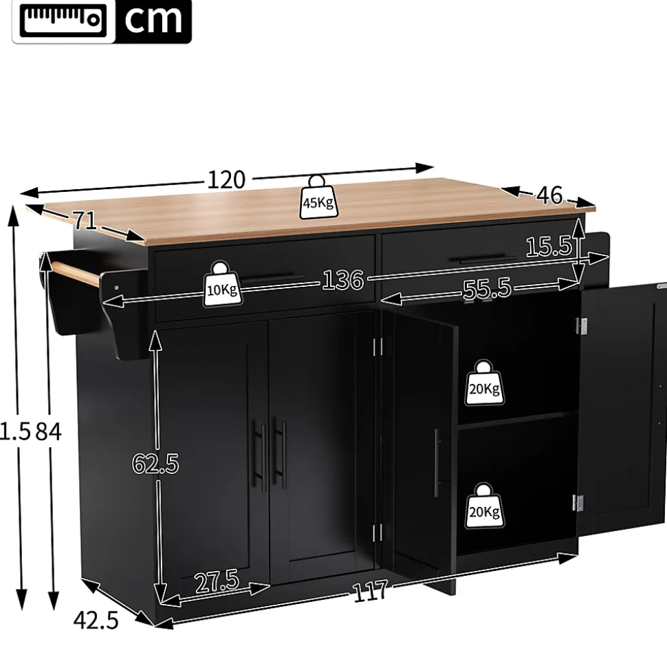 Îlot de Cuisine Mobile avec Plan de Travail Rabattable, 2 Tiroirs, Étagère, Pieds en Bois Interchangeables, Noir, 120x46-70x91 cm