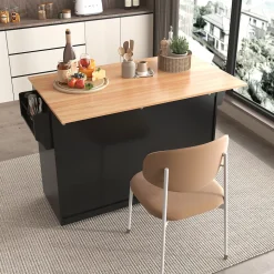 Îlot de Cuisine Mobile avec Plan de Travail Rabattable, 2 Tiroirs, Étagère, Pieds en Bois Interchangeables, Noir, 120x46-70x91 cm