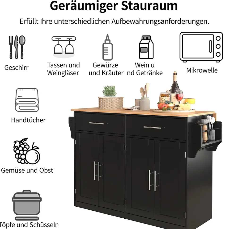 Îlot de Cuisine Mobile avec Plan de Travail Rabattable, 2 Tiroirs, Étagère, Pieds en Bois Interchangeables, Noir, 120x46-70x91 cm