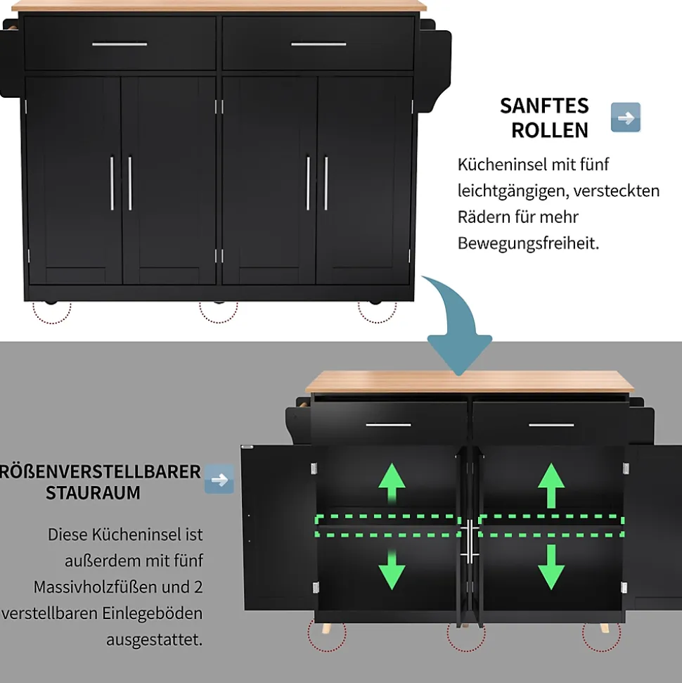 Îlot de Cuisine Mobile avec Plan de Travail Rabattable, 2 Tiroirs, Étagère, Pieds en Bois Interchangeables, Noir, 120x46-70x91 cm