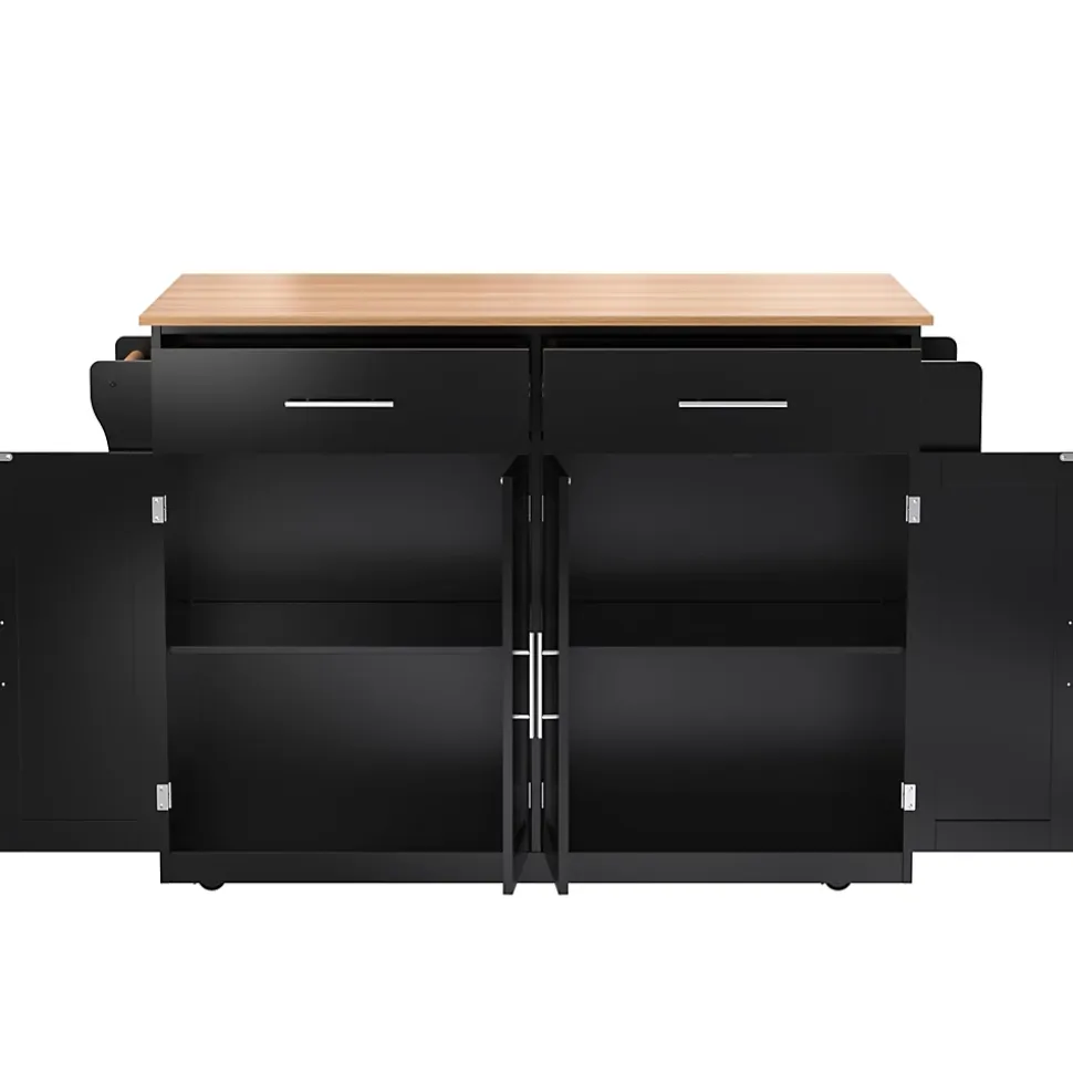 Îlot de Cuisine Mobile avec Plan de Travail Rabattable, 2 Tiroirs, Étagère, Pieds en Bois Interchangeables, Noir, 120x46-70x91 cm