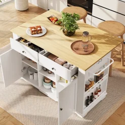 Îlot de Cuisine Mobile avec Plan de Travail, Prise Intégrée et Rangement Multifonction - MDF et Métal - Blanc 151,5x84,7x91,7 cm