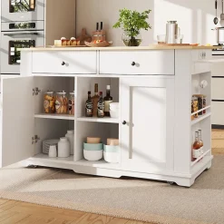 Îlot de Cuisine Mobile avec Plan de Travail, Prise Intégrée et Rangement Multifonction - MDF et Métal - Blanc 151,5x84,7x91,7 cm