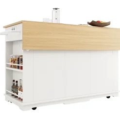 Îlot de Cuisine Mobile avec Plan de Travail, Prise Intégrée et Rangement Multifonction - MDF et Métal - Blanc 151,5x84,7x91,7 cm