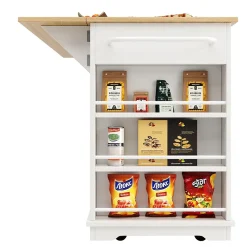 Îlot de Cuisine Mobile avec Plan de Travail, Prise Intégrée et Rangement Multifonction - MDF et Métal - Blanc 151,5x84,7x91,7 cm