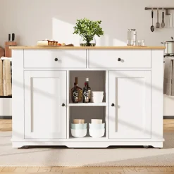 Îlot de Cuisine Mobile avec Plan de Travail, Prise Intégrée et Rangement Multifonction - MDF et Métal - Blanc 151,5x84,7x91,7 cm