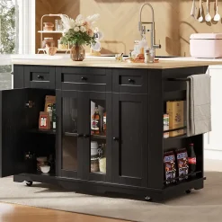 Îlot de Cuisine Mobile avec Plan de Travail, Portes en Verre et Séparateurs Amovibles - MDF et Métal - Noir 151,5x60-85x91,7 cm