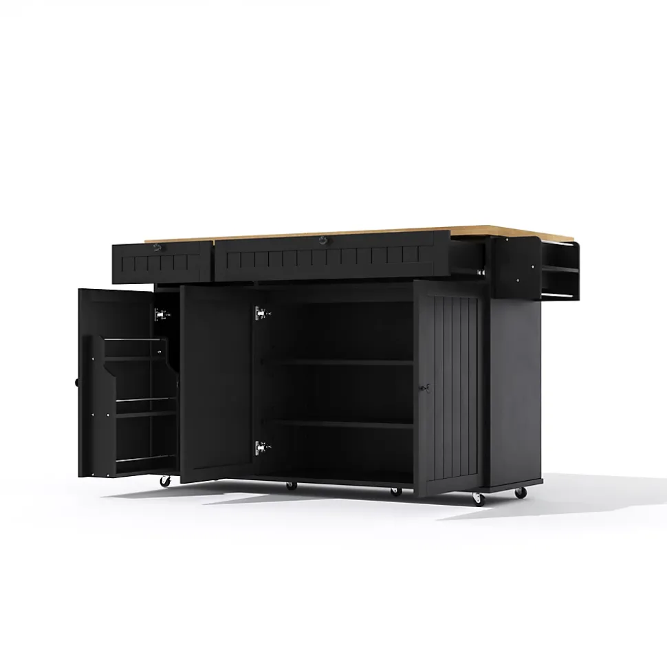 Îlot de Cuisine Mobile avec Table Pliante et Rangements, desserte de Cuisine avec Tiroirs et Portes - Noir - 137x45-70x89,5 cm