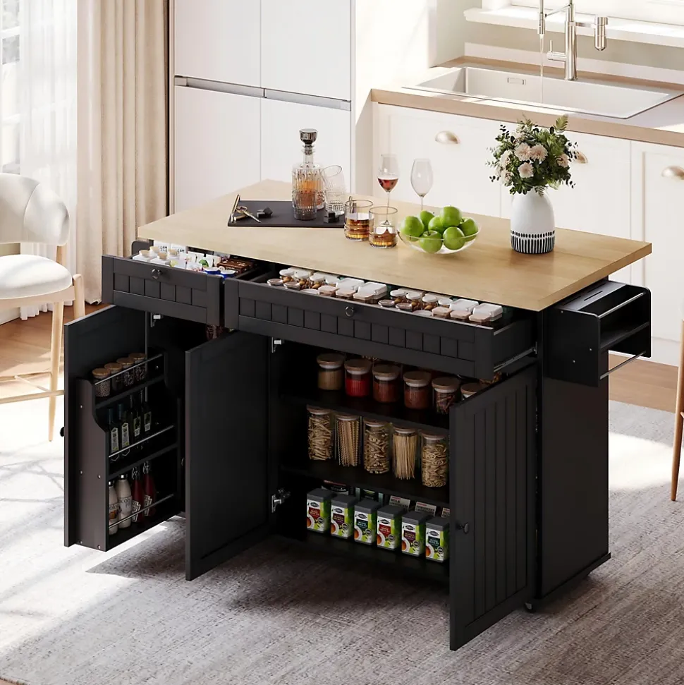 Îlot de Cuisine Mobile avec Table Pliante et Rangements, desserte de Cuisine avec Tiroirs et Portes - Noir - 137x45-70x89,5 cm