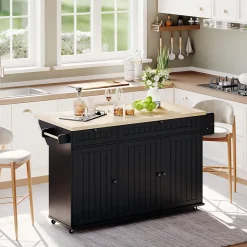 Îlot de Cuisine Mobile avec Table Pliante et Rangements, desserte de Cuisine avec Tiroirs et Portes - Noir - 137x45-70x89,5 cm