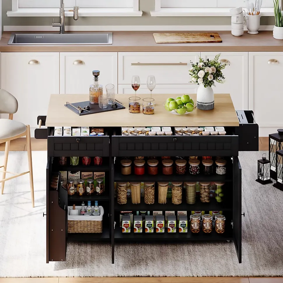 Îlot de Cuisine Mobile avec Table Pliante et Rangements, desserte de Cuisine avec Tiroirs et Portes - Noir - 137x45-70x89,5 cm