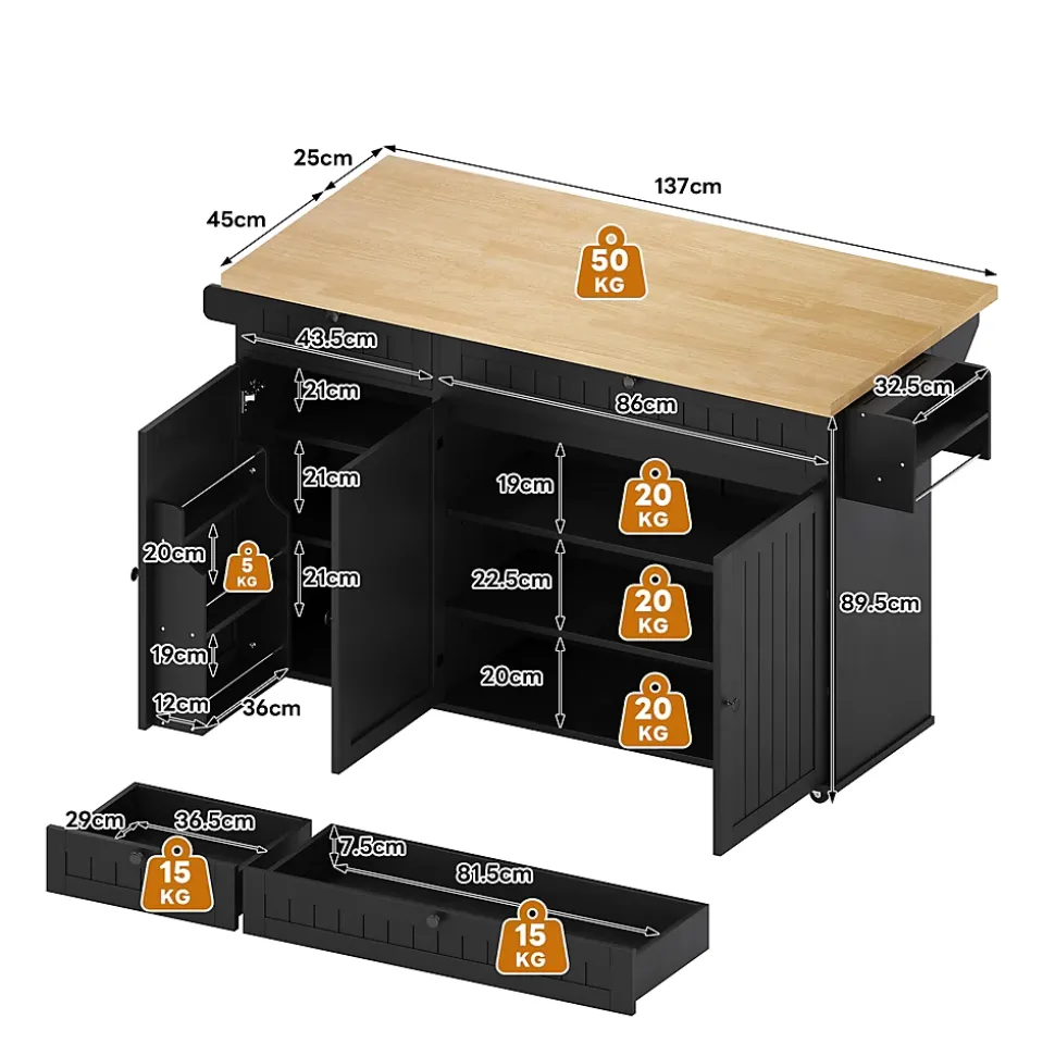 Îlot de Cuisine Mobile avec Table Pliante et Rangements, desserte de Cuisine avec Tiroirs et Portes - Noir - 137x45-70x89,5 cm