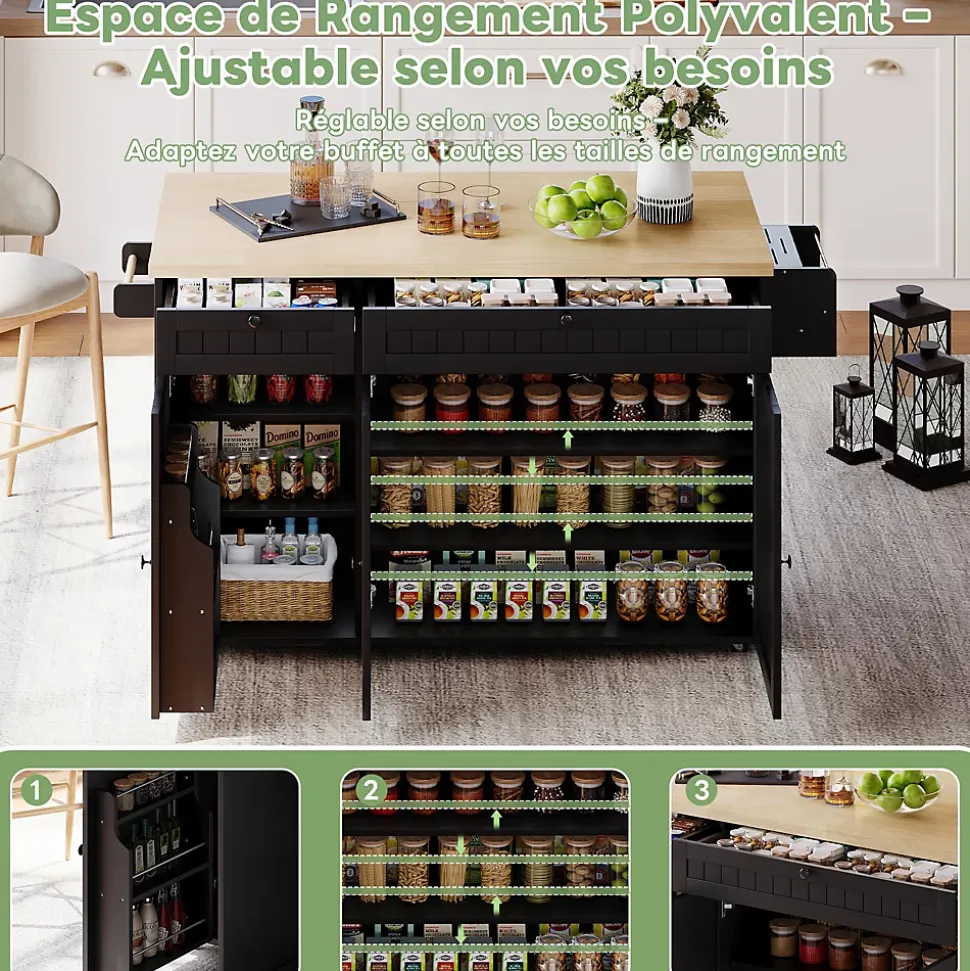 Îlot de Cuisine Mobile avec Table Pliante et Rangements, desserte de Cuisine avec Tiroirs et Portes - Noir - 137x45-70x89,5 cm