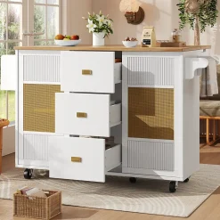 Îlot de cuisine mobile avec porte-serviettes, étagère à épices et étagères ajustables, MDF, 147x70x90 cm blanc