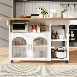 lot de Cuisine Mobile avec Roulettes, Plan Effet Bois et Rangement Multifonction - MDF, Métal et Verre - Blanc 120x70-30x79,5 cm