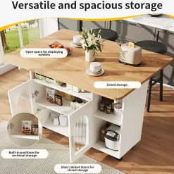 lot de Cuisine Mobile avec Roulettes, Plan Effet Bois et Rangement Multifonction - MDF, Métal et Verre - Blanc 120x70-30x79,5 cm