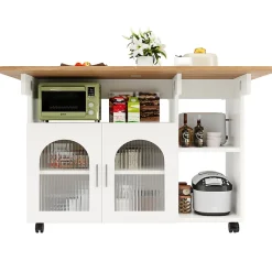lot de Cuisine Mobile avec Roulettes, Plan Effet Bois et Rangement Multifonction - MDF, Métal et Verre - Blanc 120x70-30x79,5 cm