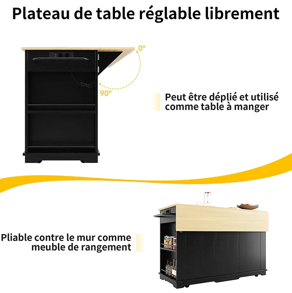 Îlot de Cuisine Mobile avec Plan de Travail, Prise Intégrée et Rangement Multifonction - MDF et Métal - Noir 151,5x84,7x91,7 cm