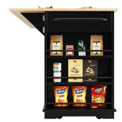 Îlot de Cuisine Mobile avec Plan de Travail, Prise Intégrée et Rangement Multifonction - MDF et Métal - Noir 151,5x84,7x91,7 cm