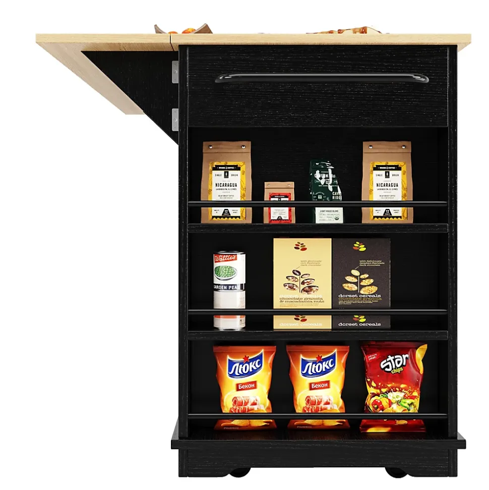 Îlot de Cuisine Mobile avec Plan de Travail, Prise Intégrée et Rangement Multifonction - MDF et Métal - Noir 151,5x84,7x91,7 cm