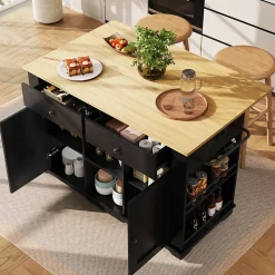 Îlot de Cuisine Mobile avec Plan de Travail, Prise Intégrée et Rangement Multifonction - MDF et Métal - Noir 151,5x84,7x91,7 cm