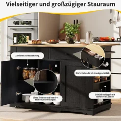 Îlot de Cuisine Mobile avec Plan de Travail, Prise Intégrée et Rangement Multifonction - MDF et Métal - Noir 151,5x84,7x91,7 cm