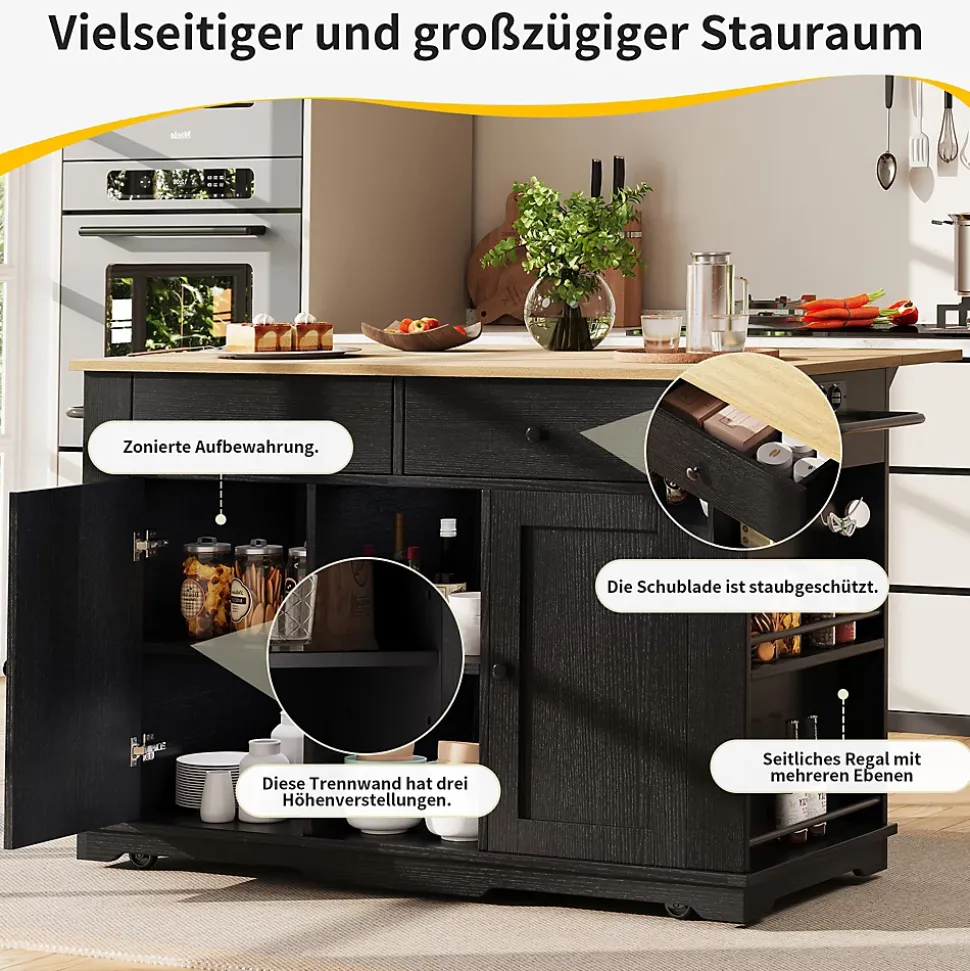 Îlot de Cuisine Mobile avec Plan de Travail, Prise Intégrée et Rangement Multifonction - MDF et Métal - Noir 151,5x84,7x91,7 cm