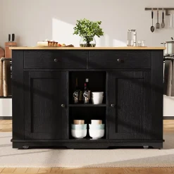 Îlot de Cuisine Mobile avec Plan de Travail, Prise Intégrée et Rangement Multifonction - MDF et Métal - Noir 151,5x84,7x91,7 cm