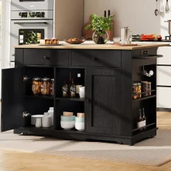 Îlot de Cuisine Mobile avec Plan de Travail, Prise Intégrée et Rangement Multifonction - MDF et Métal - Noir 151,5x84,7x91,7 cm