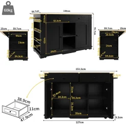 Îlot de Cuisine Mobile avec Plan de Travail, Prise Intégrée et Rangement Multifonction - MDF et Métal - Noir 151,5x84,7x91,7 cm
